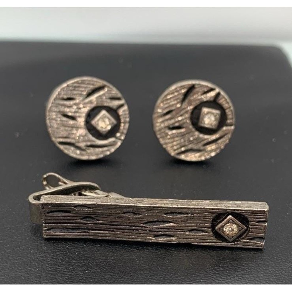 Vintage‎ Silver Tone Wood Grain Abstract Look W Rhinestone Tie Clip & Cufflinks